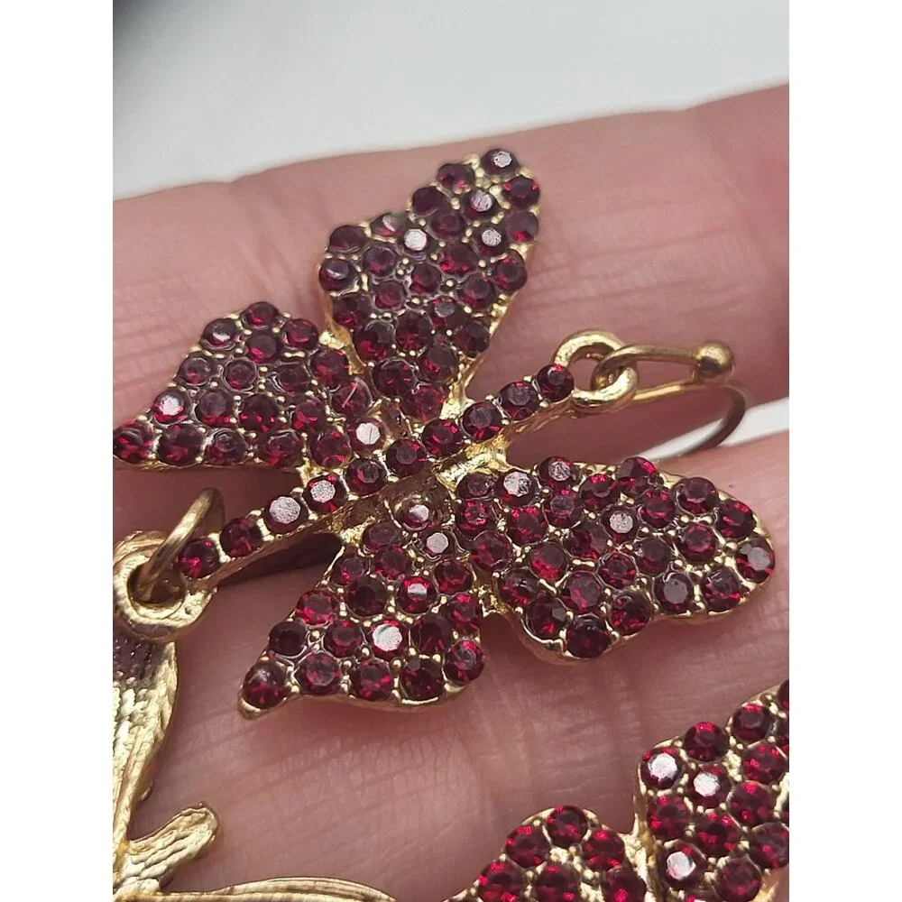 Butterfly Dangle Drop Cascade Earrings Red Rhinestone Gold Tone Whimsy Fairy